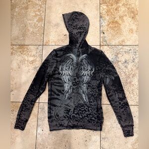 GRAIL RARE Sinful Black Animal Print Leopard Zebra Crystal Wings Sz M Y2K Hoodie